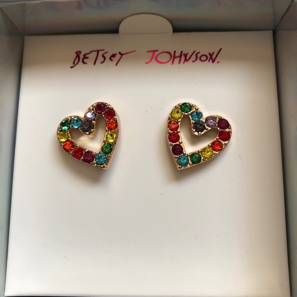 Betsey Johnson Gold Tone Open Frame Heart Stud Earrings Multicolored Crystal NIB - Picture 5 of 12